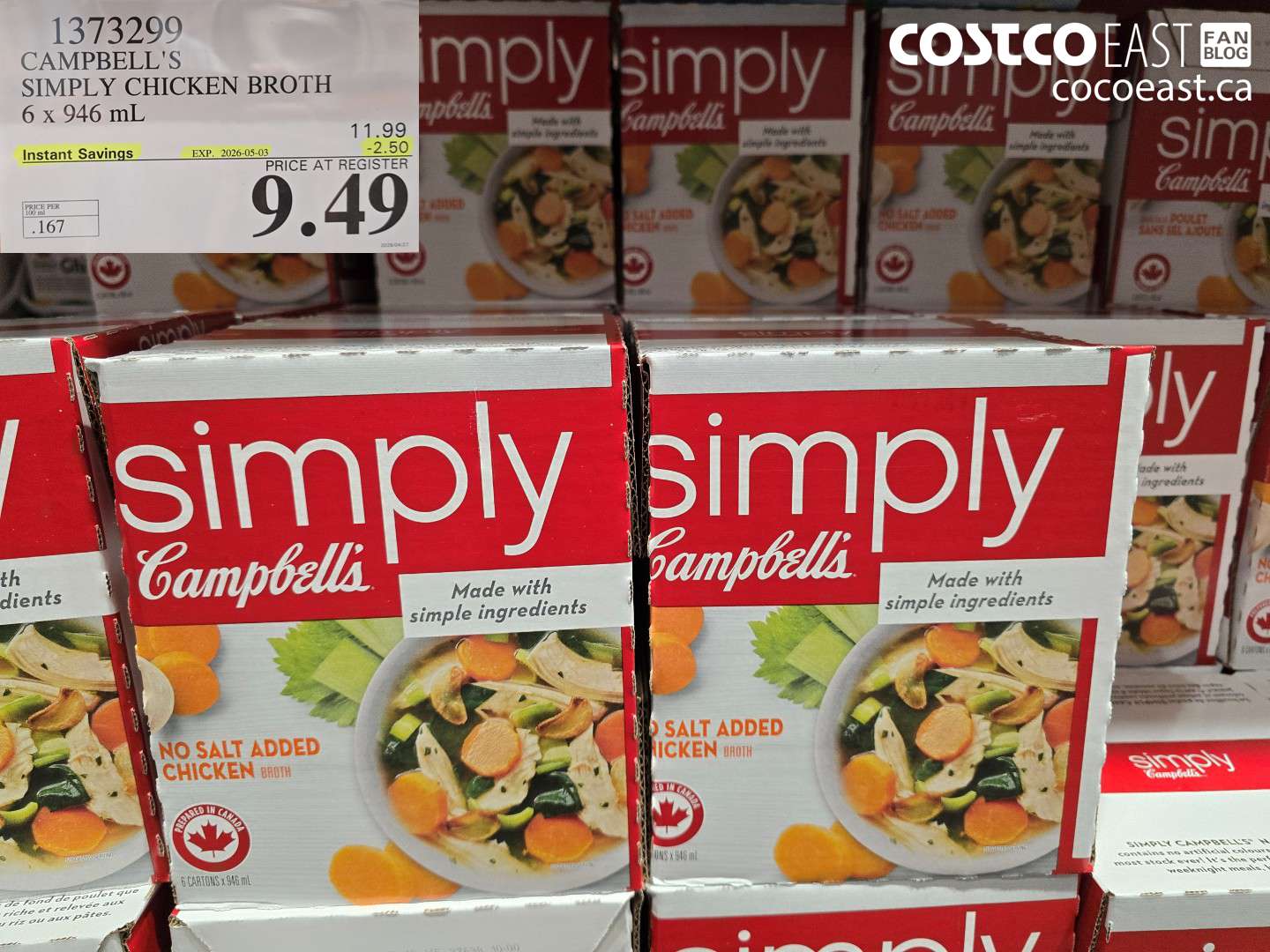 1373299 CAMPBELL'S SIMPLY CHICKEN BROTH 6 X 946 ML ($2.50 INSTANT SAVINGS EXPIRES ON 2026-05-03) $9.49