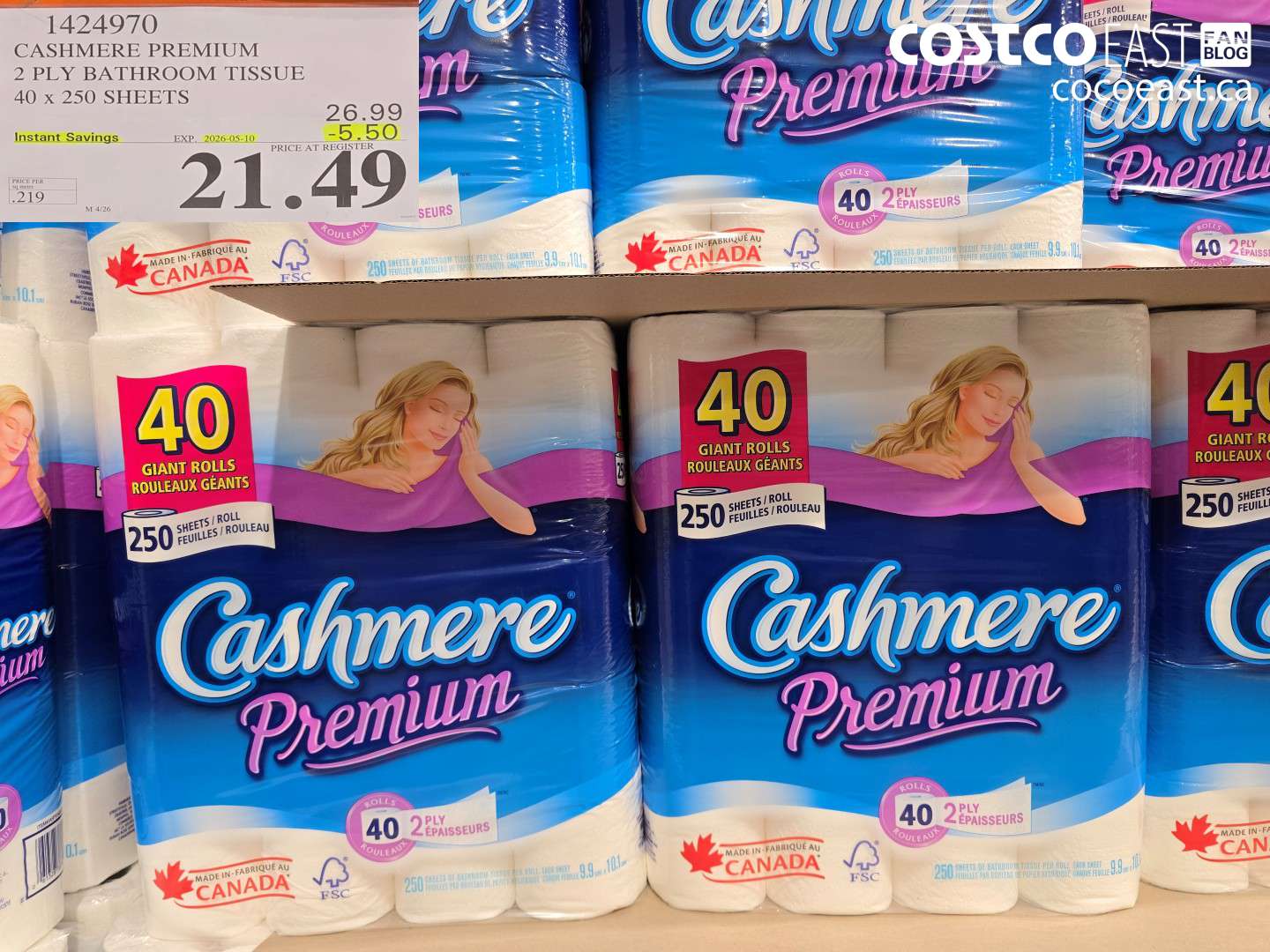 1424970 CASHMERE PREMIUM 2 PLY BATHROOM TISSUE 40 X 250 SHEETS ($5.50 INSTANT SAVINGS EXPIRES ON 2026-05-10) $21.49