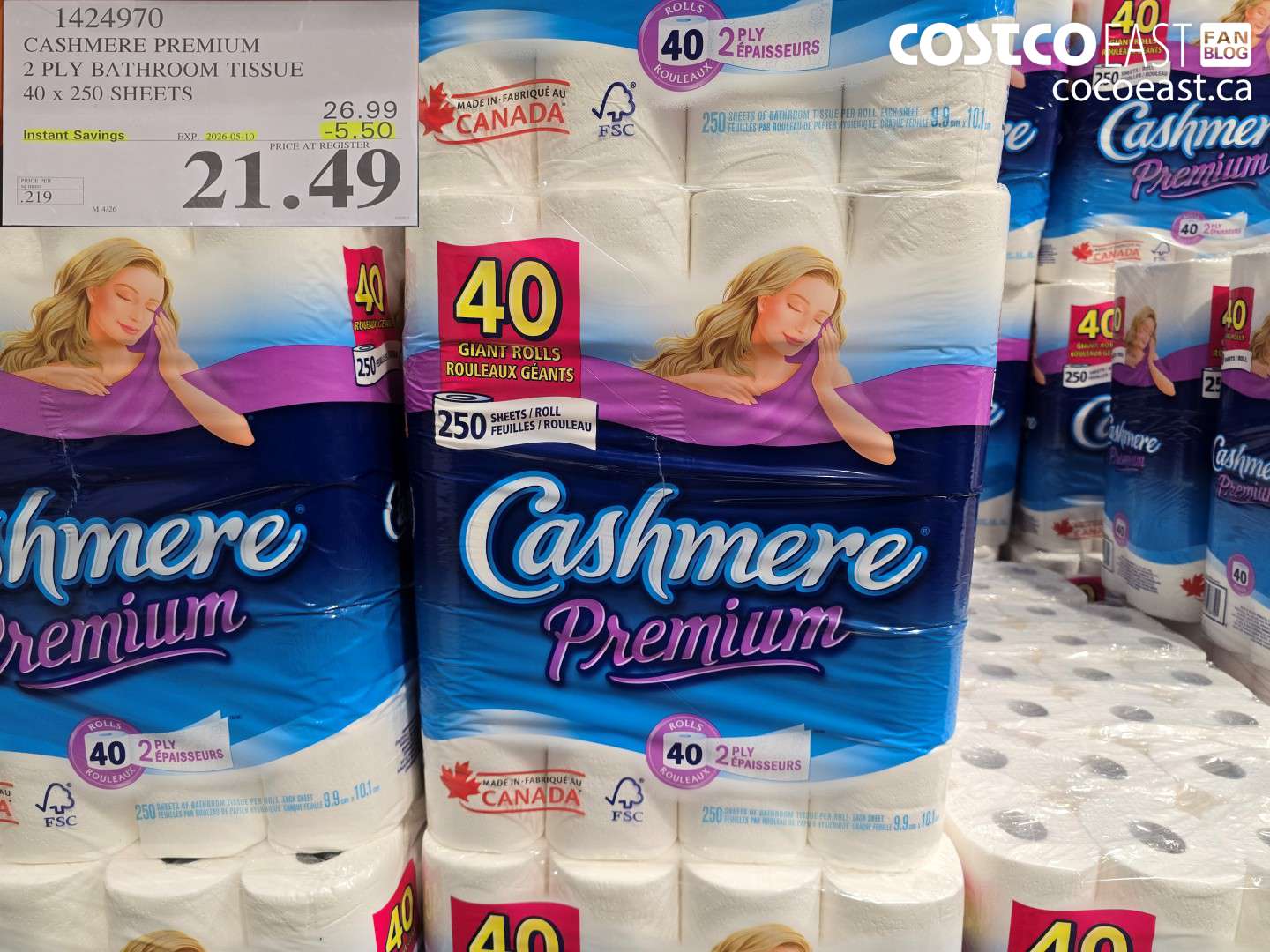 1424970 CASHMERE PREMIUM 2 PLY BATHROOM TISSUE 40 X 250 SHEETS ($5.50 INSTANT SAVINGS EXPIRES ON 2026-05-10) $21.49