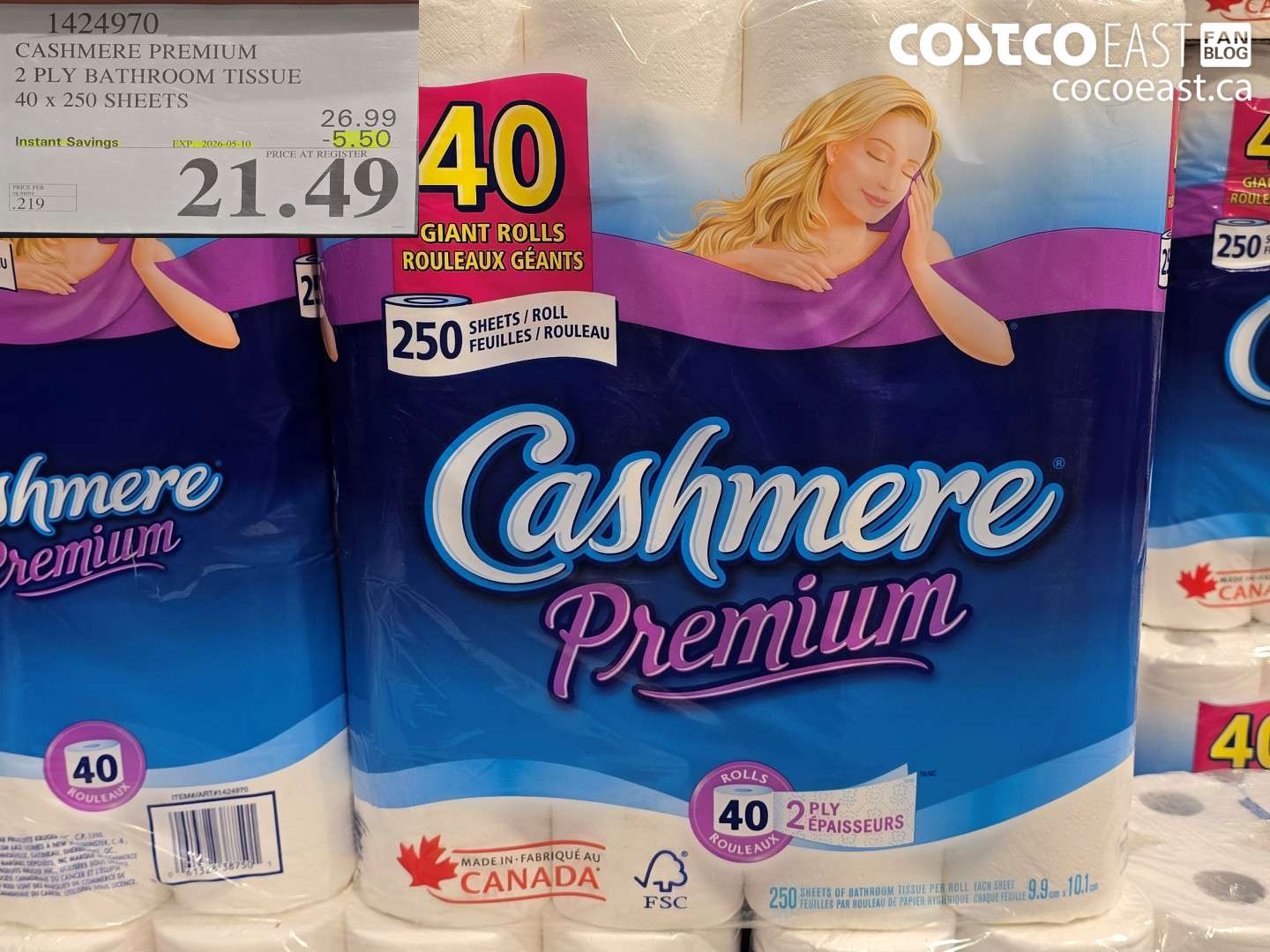 1424970 CASHMERE PREMIUM 2 PLY BATHROOM TISSUE 40 X 250 SHEETS ($5.50 INSTANT SAVINGS EXPIRES ON 2026-05-10) $21.49