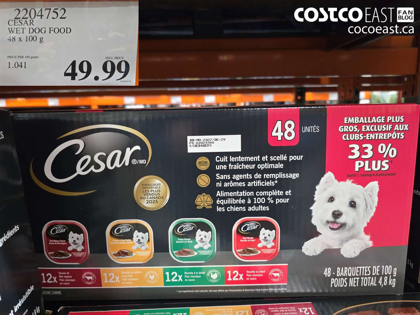 2204752 CESAR WET DOG FOOD 48 X 100 G $49.99
