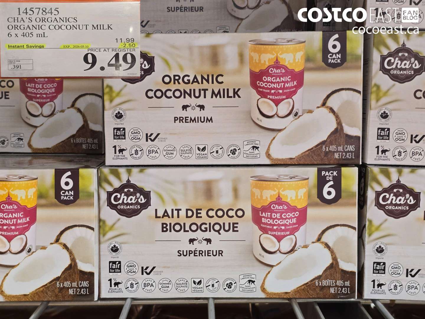 1457845 CHA'S ORGANICS ORGANIC COCONUT MILK 6 X 405 ML ($2.50 INSTANT SAVINGS EXPIRES ON 2026-05-10) $9.49
