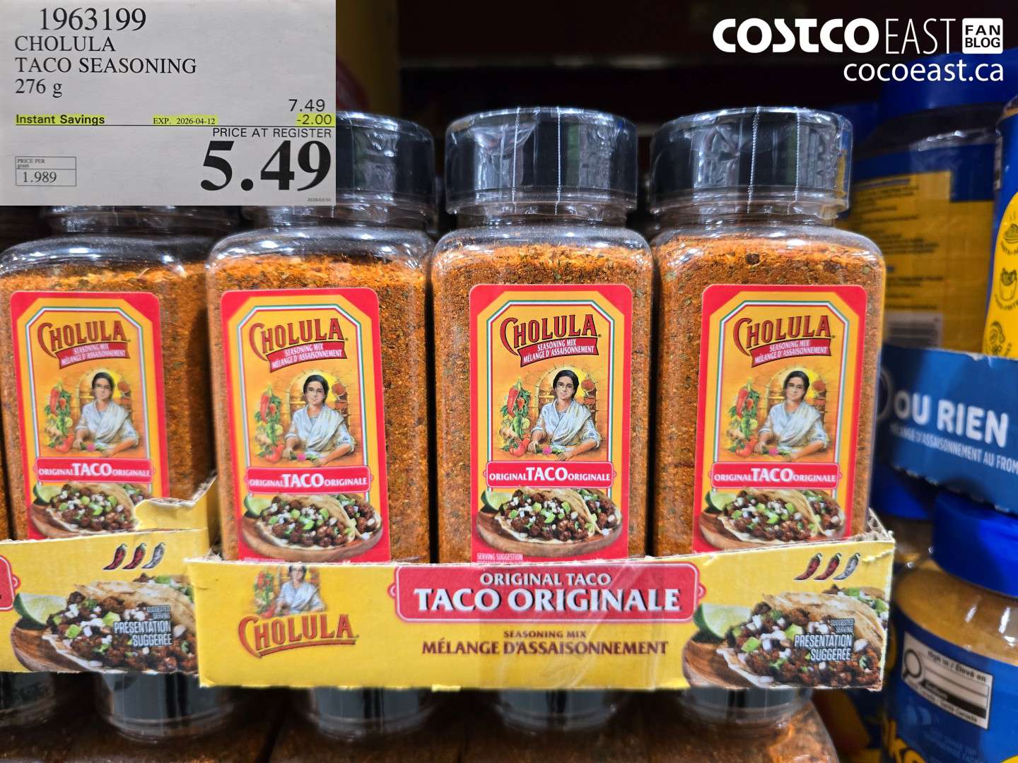 1963199 CHOLULA TACO SEASONING 276 G ($2.00 INSTANT SAVINGS EXPIRES ON 2026-04-12) $5.49