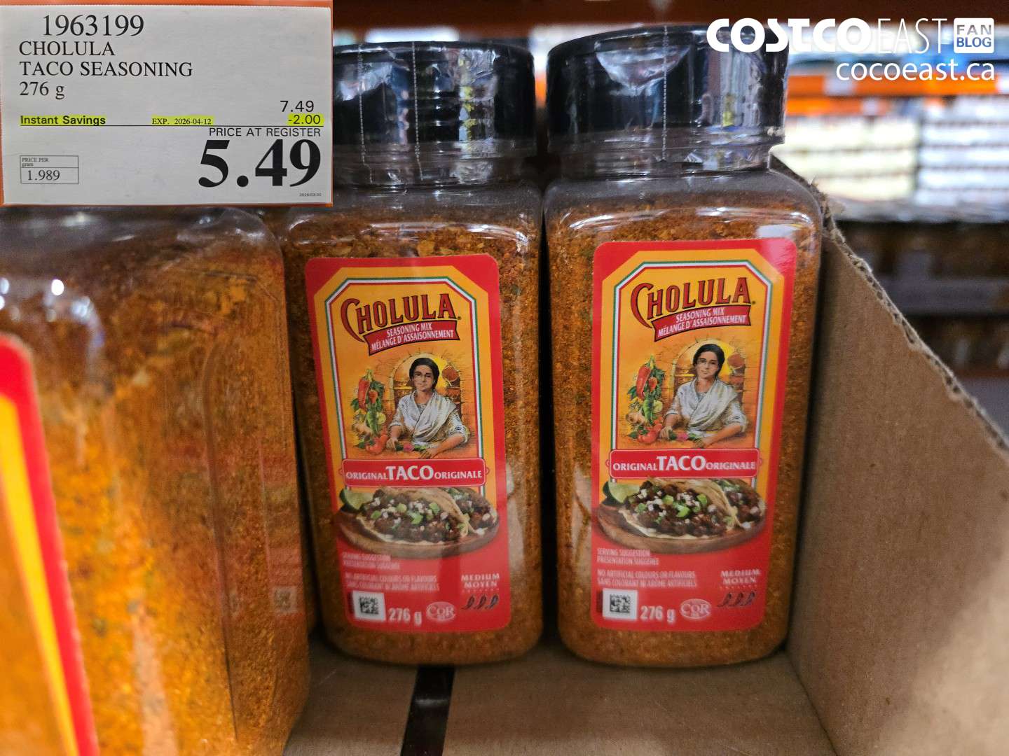 1963199 CHOLULA TACO SEASONING 276 G ($2.00 INSTANT SAVINGS EXPIRES ON 2026-04-12) $5.49
