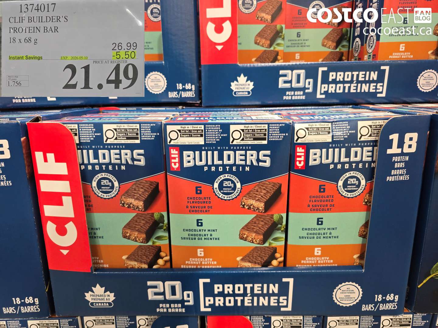 1374017 CLIF BUILDER'S PROTEIN BAR 18 X 68 G ($5.50 INSTANT SAVINGS EXPIRES ON 2026-05-10) $21.49