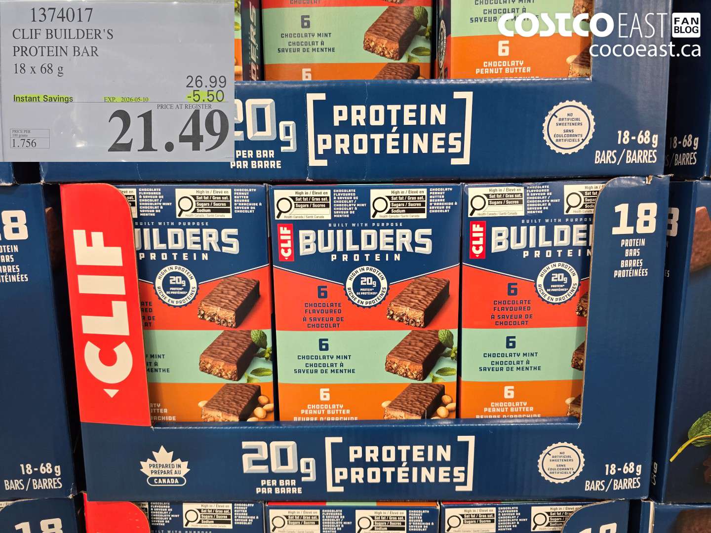 1374017 CLIF BUILDER'S PROTEIN BAR 18 X 68 G ($5.50 INSTANT SAVINGS EXPIRES ON 2026-05-10) $21.49