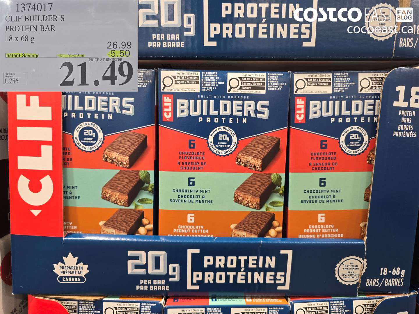 1374017 CLIF BUILDER'S PROTEIN BAR 18 X 68 G ($5.50 INSTANT SAVINGS EXPIRES ON 2026-05-10) $21.49
