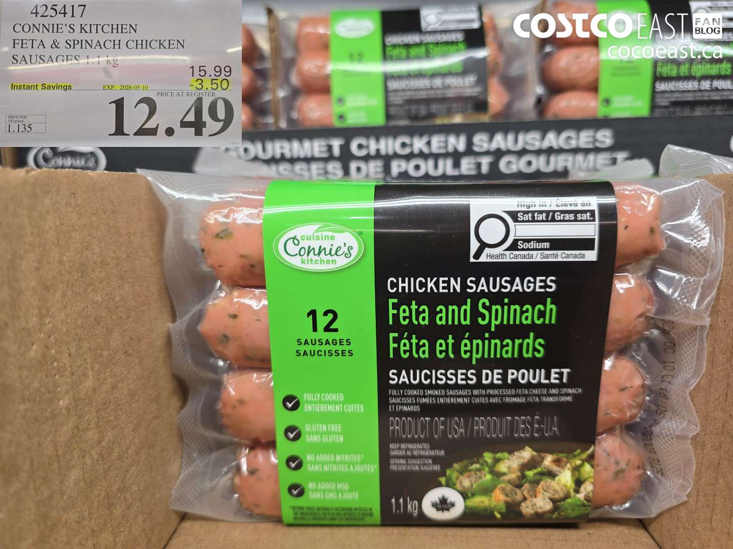 425417 CONNIE'S KITCHEN FETA & SPINACH CHICKEN SAUSAGES 1.1 KG ($3.50 INSTANT SAVINGS EXPIRES ON 2026-05-10) $12.49