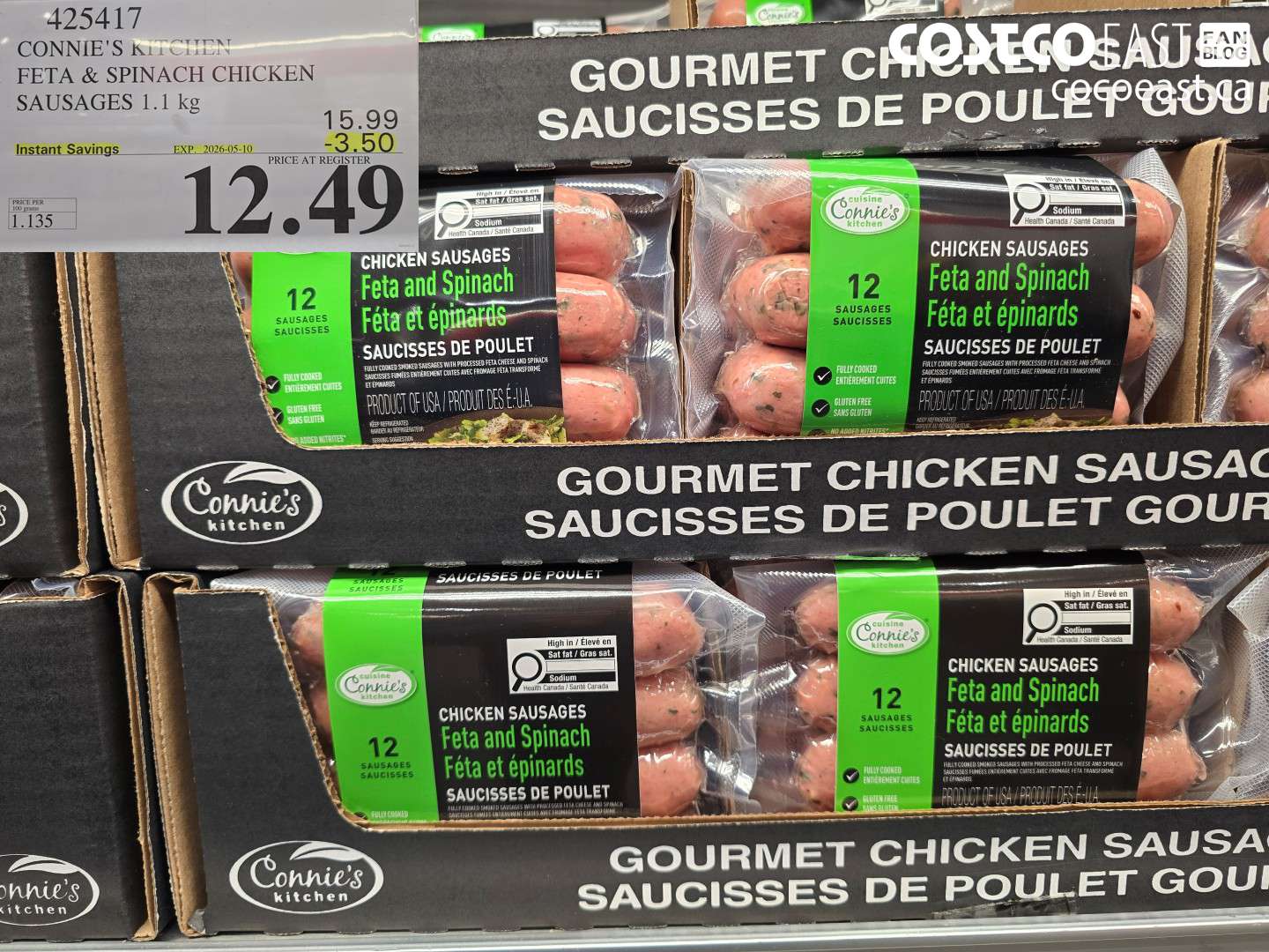425417 CONNIE'S KITCHEN FETA & SPINACH CHICKEN SAUSAGES 1.1 KG ($3.50 INSTANT SAVINGS EXPIRES ON 2026-05-10) $12.49