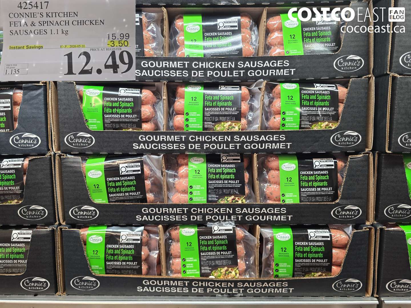 425417 CONNIE'S KITCHEN FETA & SPINACH CHICKEN SAUSAGES 1.1 KG ($3.50 INSTANT SAVINGS EXPIRES ON 2026-05-10) $12.49
