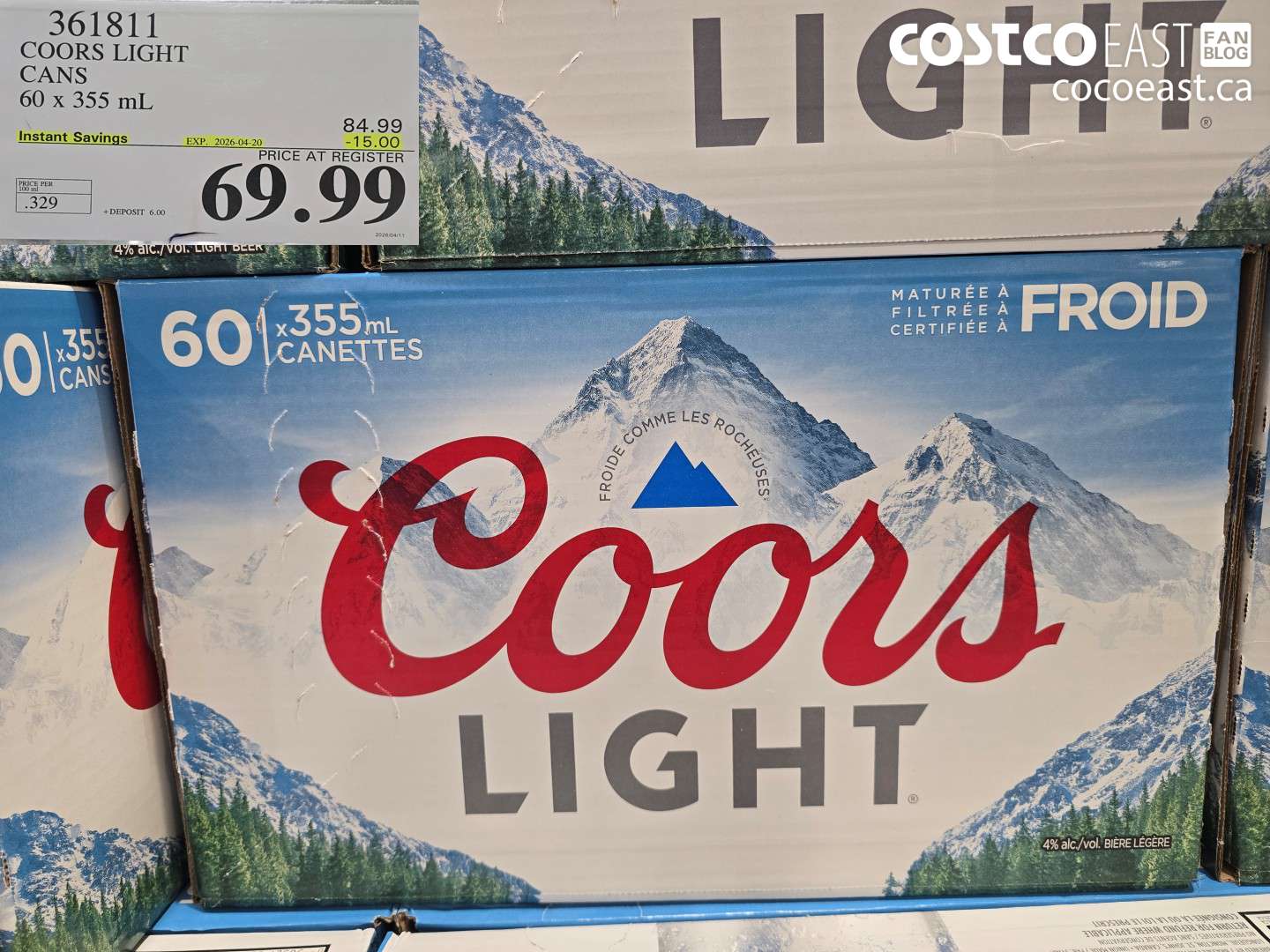 361811 COORS LIGHT CANS 60 X 355 ML ($15.00 INSTANT SAVINGS EXPIRES ON 2026-04-20) $69.99