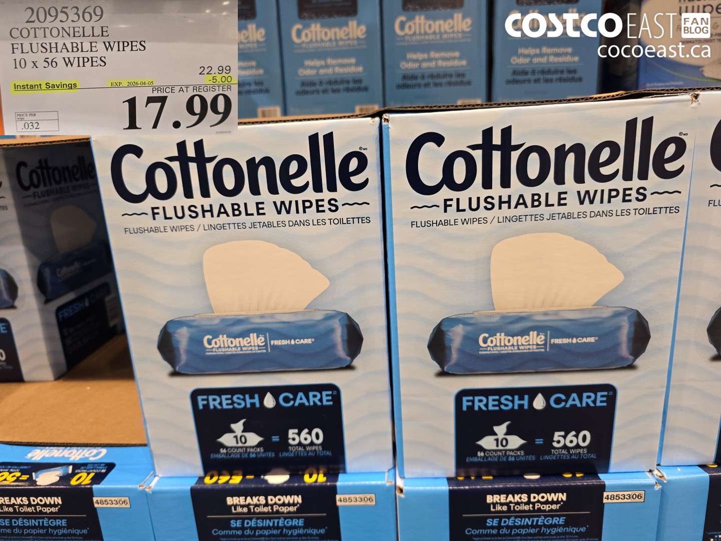 2095369 COTTONELLE FLUSHABLE WIPES 10 X 56 WIPES ($5.00 INSTANT SAVINGS EXPIRES ON 2026-04-05) $17.99