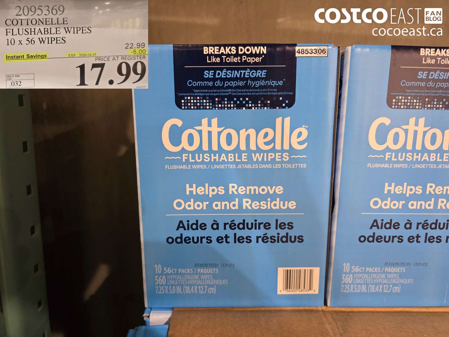 2095369 COTTONELLE FLUSHABLE WIPES 10 X 56 WIPES ($5.00 INSTANT SAVINGS EXPIRES ON 2026-04-05) $17.99