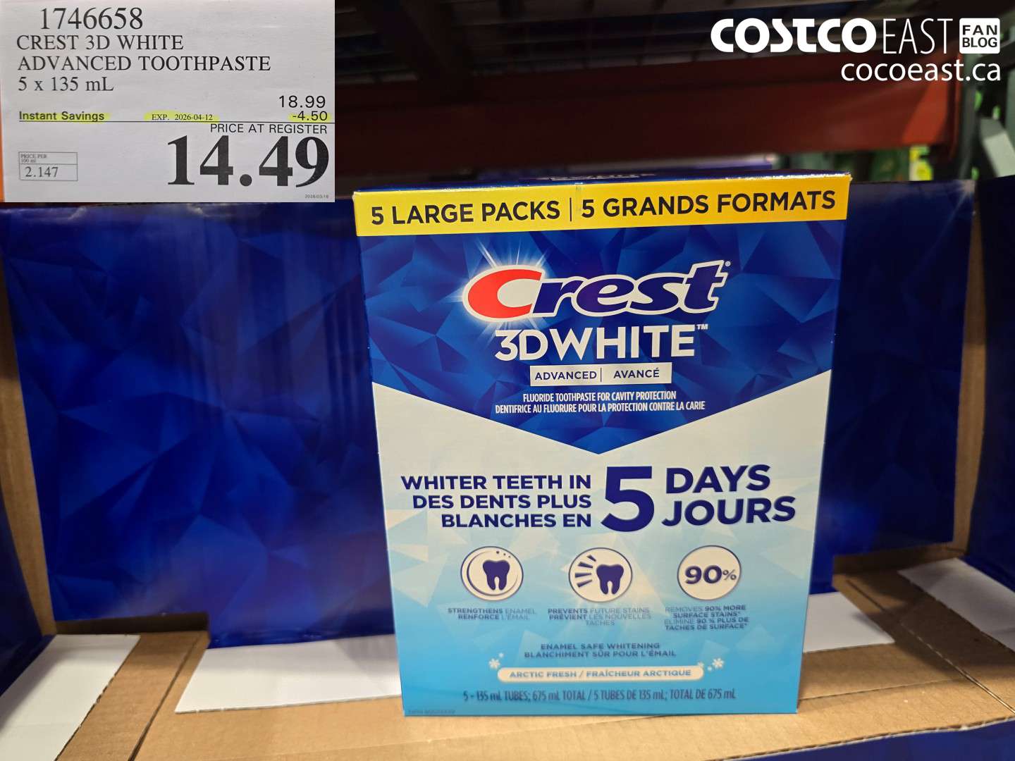 1746658 CREST 3D WHITE ADVANCED TOOTHPASTE 5 X 135 ML ($4.50 INSTANT SAVINGS EXPIRES ON 2026-04-12) $14.49