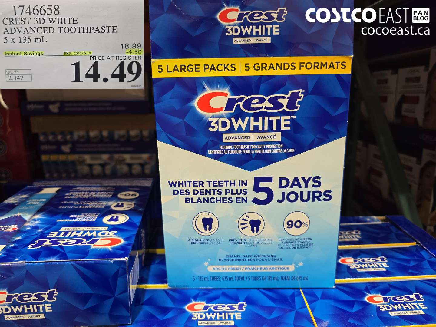 1746658 CREST 3D WHITE ADVANCED TOOTHPASTE 5 X 135 ML ($4.50 INSTANT SAVINGS EXPIRES ON 2026-05-10) $14.49