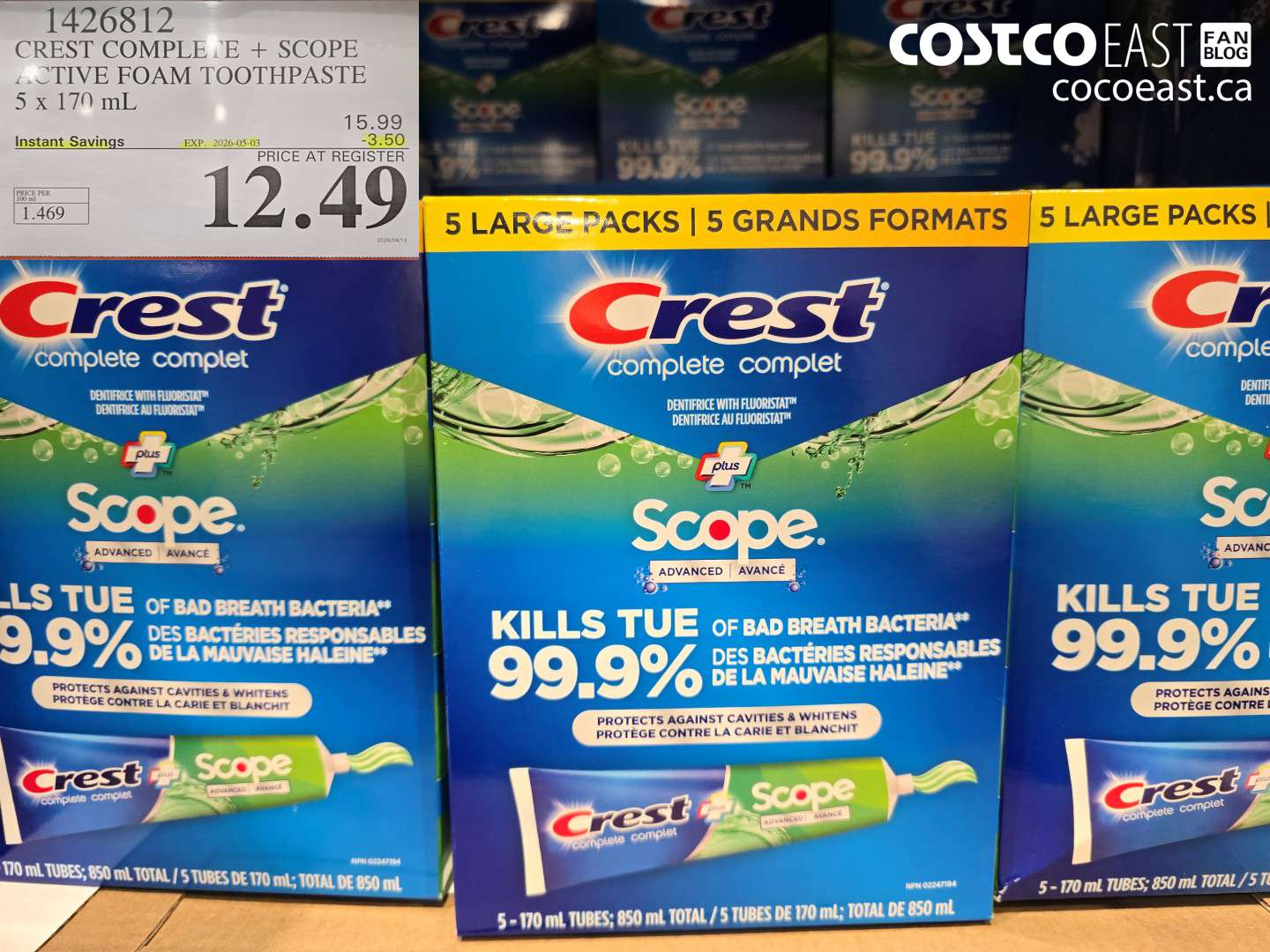 1426812 CREST COMPLETE + SCOPE ACTIVE FOAM TOOTHPASTE 5 X 170 ML ($3.50 INSTANT SAVINGS EXPIRES ON 2026-05-03) $12.49