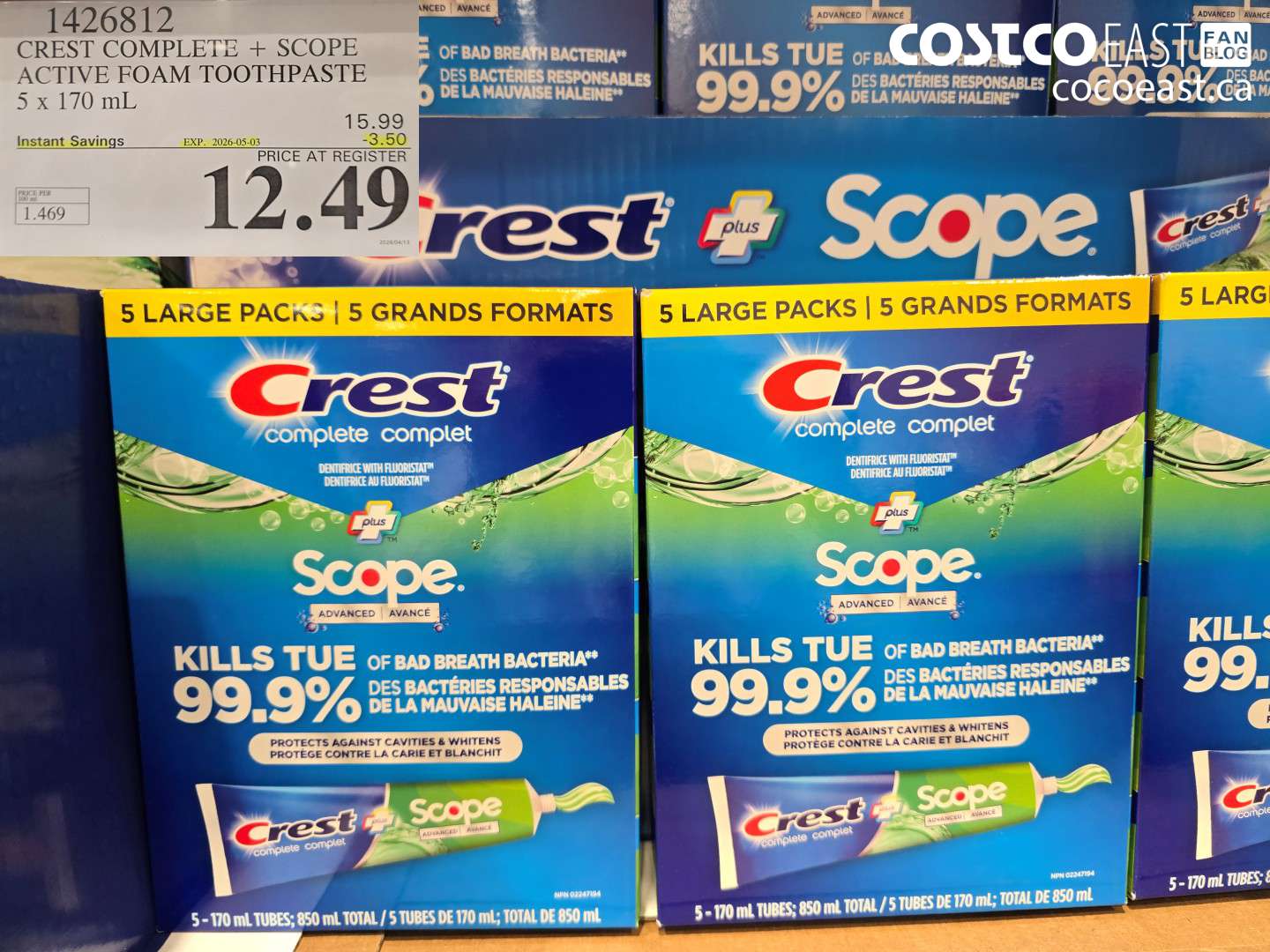 1426812 CREST COMPLETE + SCOPE ACTIVE FOAM TOOTHPASTE 5 X 170 ML ($3.50 INSTANT SAVINGS EXPIRES ON 2026-05-03) $12.49