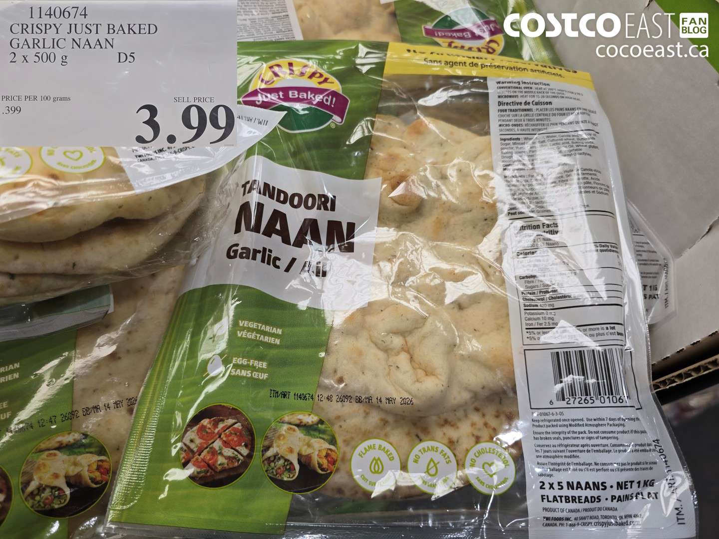 1140674 CRISPY JUST BAKED GARLIC NAAN 2 X 500 G $3.99