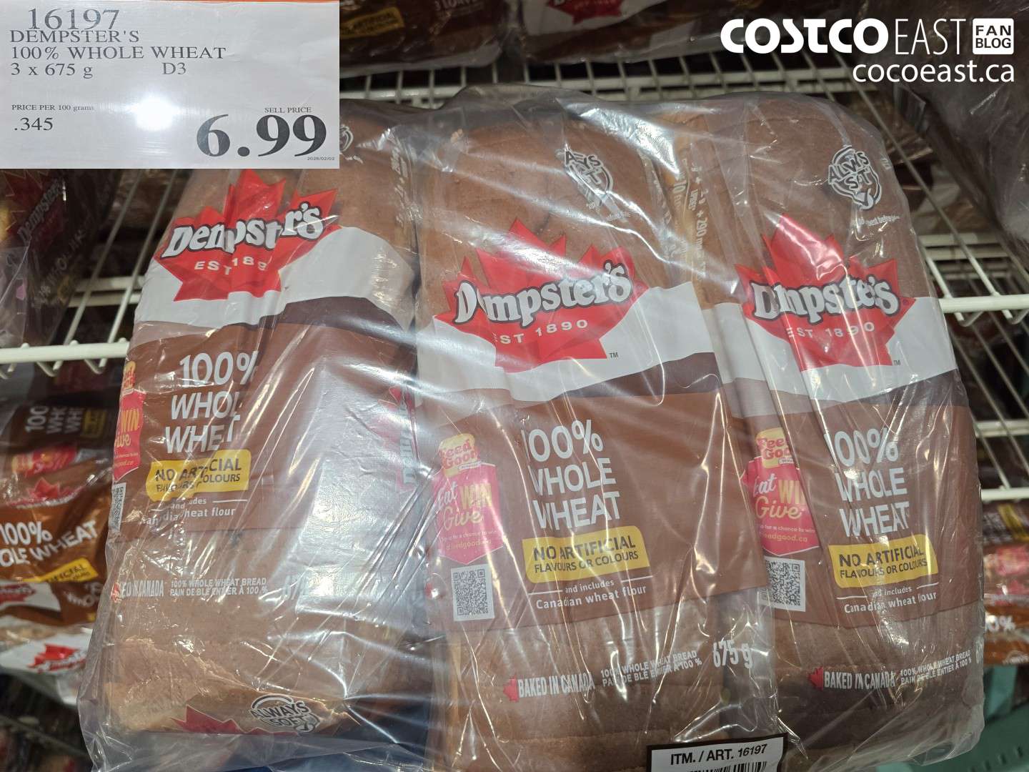 16197 DEMPSTER'S 100% WHOLE WHEAT 3 X 675 G $6.99