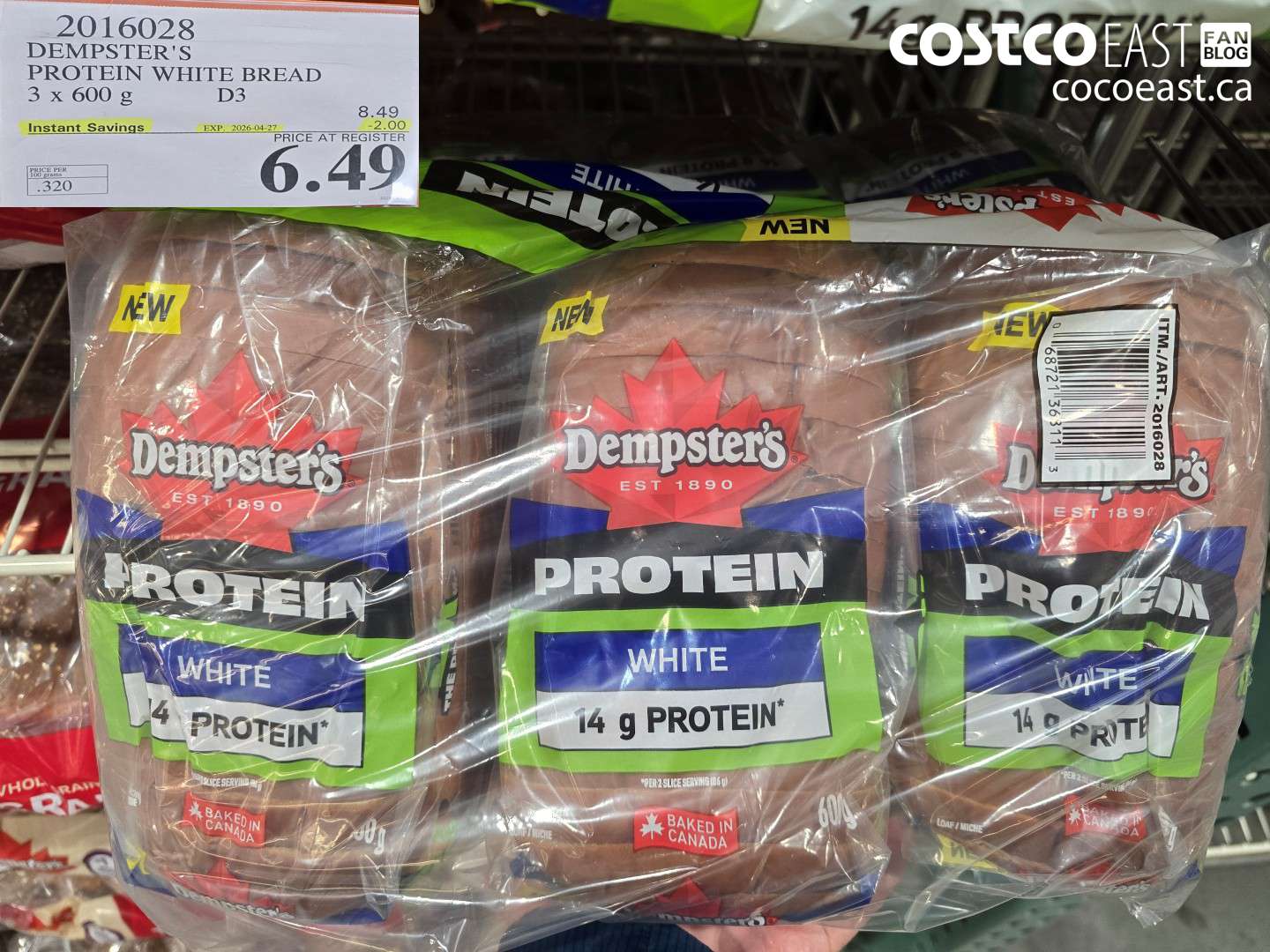 2016028 DEMPSTER'S PROTEIN WHITE BREAD 3 X 600 G ($2.00 INSTANT SAVINGS EXPIRES ON 2026-04-27) $6.49