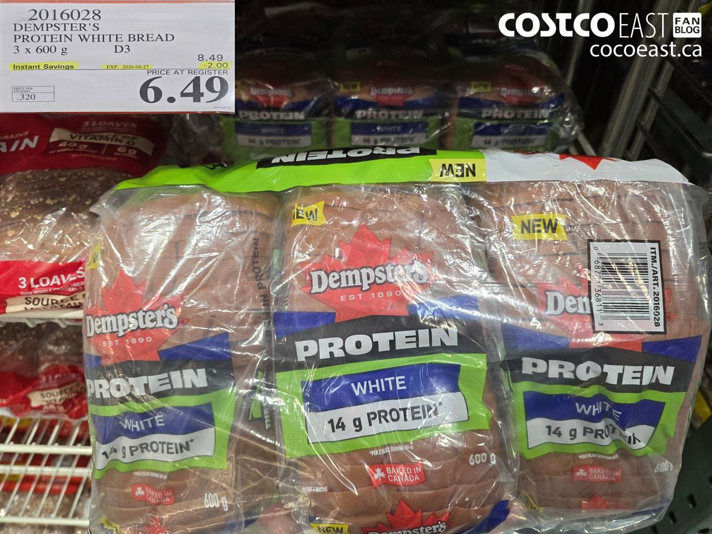 2016028 DEMPSTER'S PROTEIN WHITE BREAD 3 X 600 G ($2.00 INSTANT SAVINGS EXPIRES ON 2026-04-27) $6.49