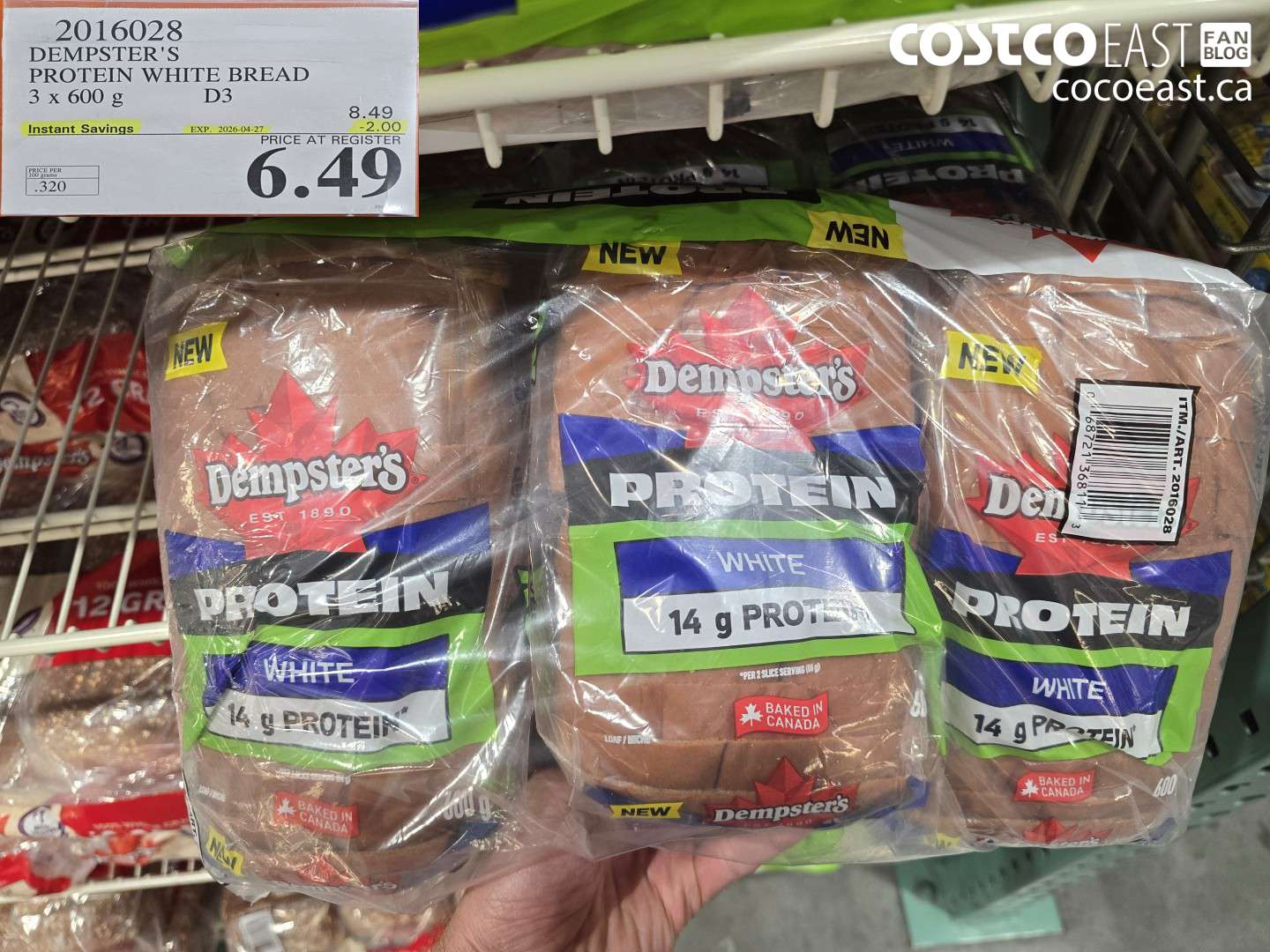 2016028 DEMPSTER'S PROTEIN WHITE BREAD 3 X 600 G ($2.00 INSTANT SAVINGS EXPIRES ON 2026-04-27) $6.49