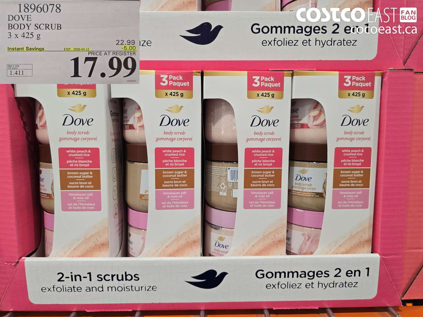 1896078 DOVE BODY SCRUB 3 X 425 G ($5.00 INSTANT SAVINGS EXPIRES ON 2026-04-12) $17.99