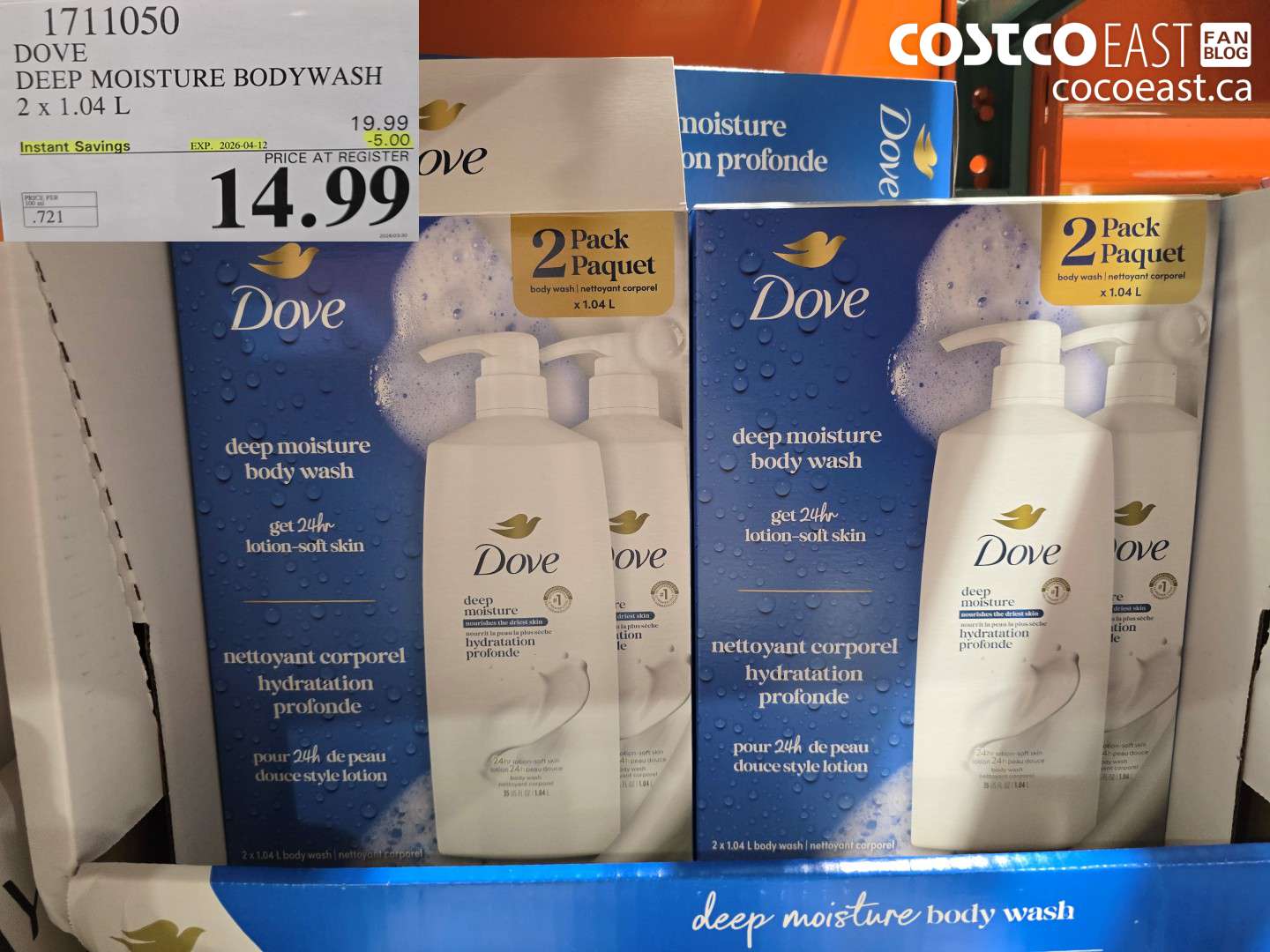 1711050 DOVE DEEP MOISTURE BODYWASH 2 X 1.04 L ($5.00 INSTANT SAVINGS EXPIRES ON 2026-04-12) $14.99