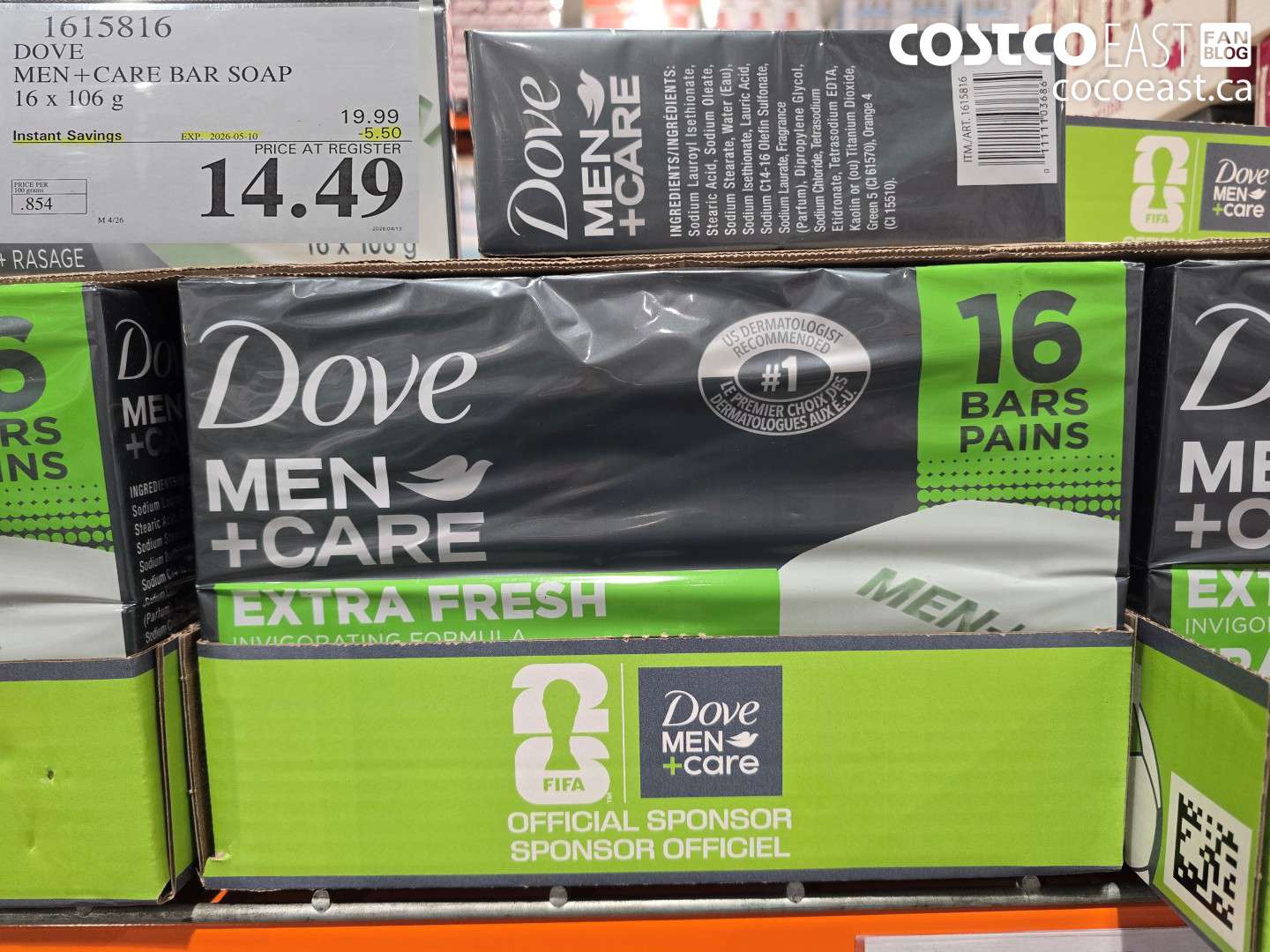 16151516 DOVE MEN + CARE BAR SOAP 16 X 106 G ($5.50 INSTANT SAVINGS EXPIRES ON 2026-05-10) $14.49
