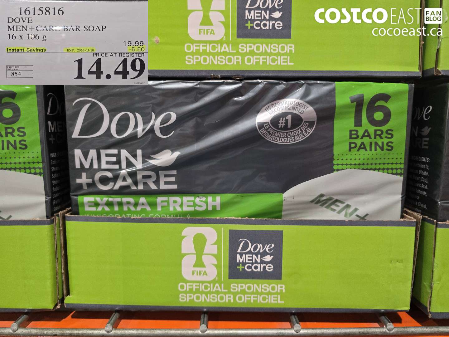 1615816 DOVE MEN + CARE BAR SOAP 16 X 106 G ($5.50 INSTANT SAVINGS EXPIRES ON 2026-05-10) $14.49