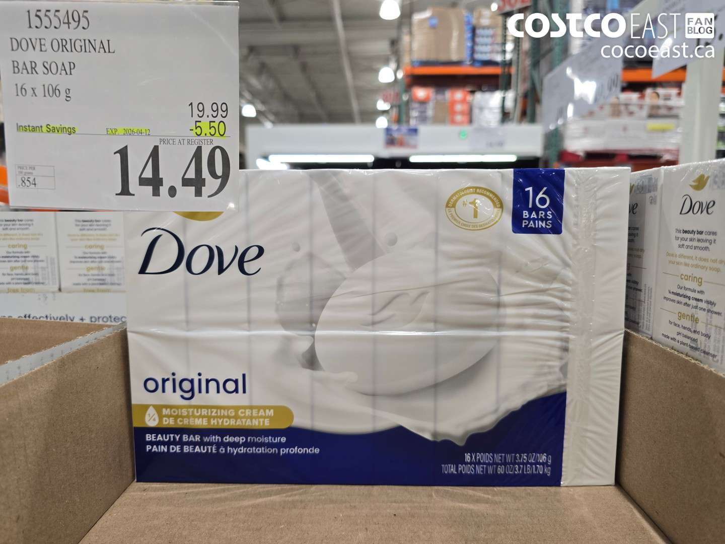 1555495 DOVE ORIGINAL BAR SOAP 16 X 106 G ($5.50 INSTANT SAVINGS EXPIRES ON 2026-04-12) $14.49
