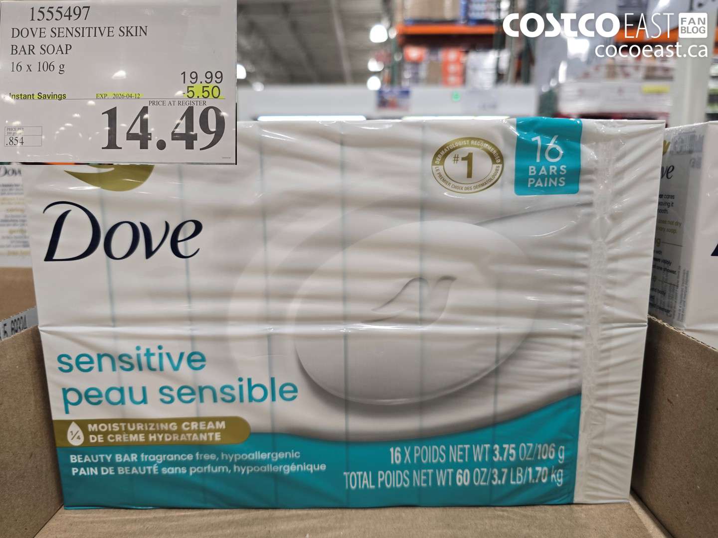 1555497 DOVE SENSITIVE SKIN BAR SOAP 16 X 106 G ($5.50 INSTANT SAVINGS EXPIRES ON 2026-04-12) $14.49