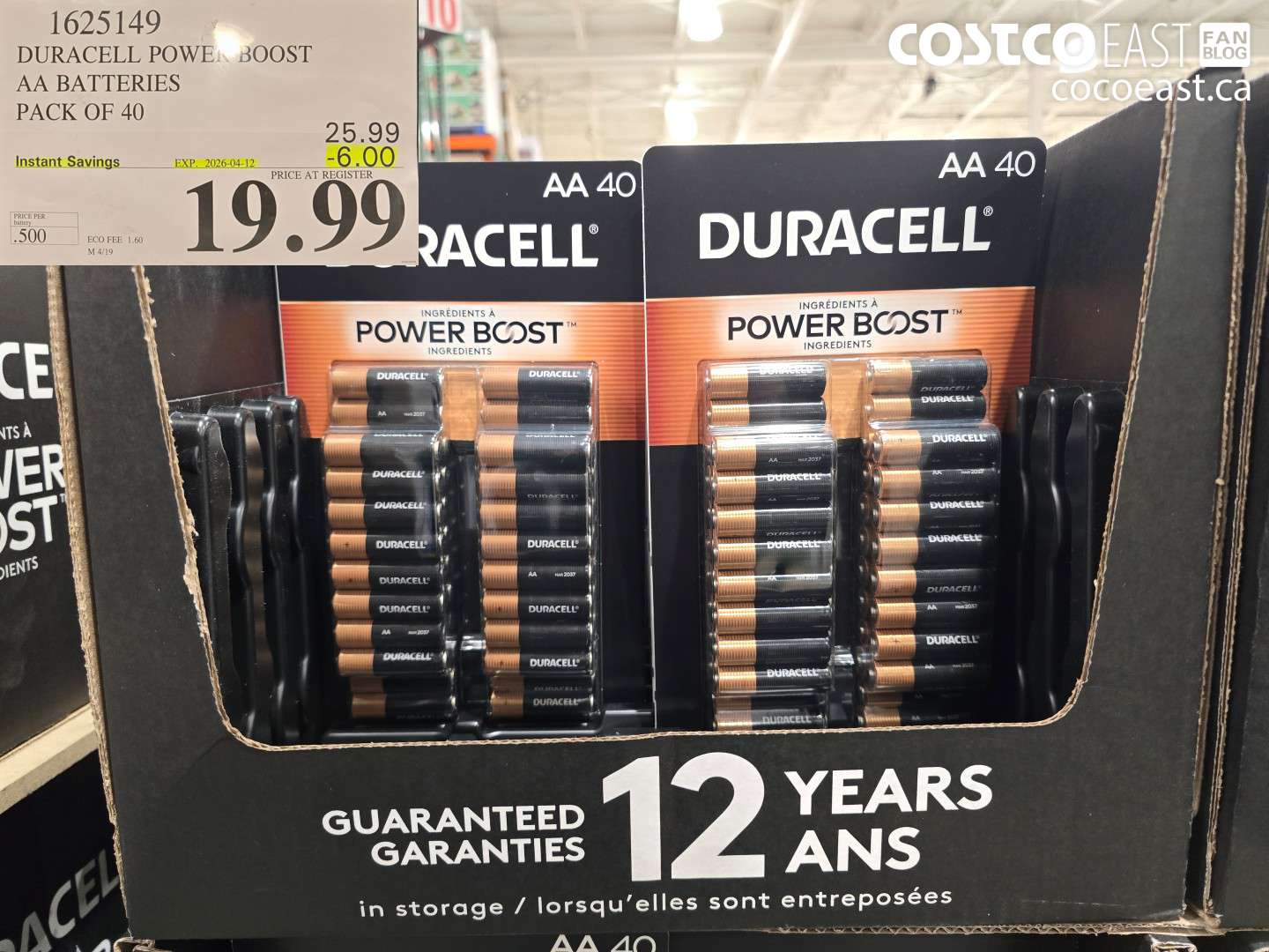 1625149 DURACELL POWER BOOST AA BATTERIES PACK OF 40 ($6.00 INSTANT SAVINGS EXPIRES ON 2026-04-12) $19.99