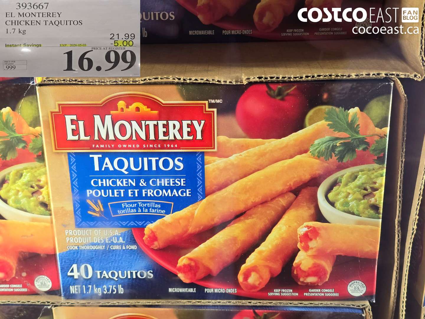 393667 EL MONTEREY CHICKEN TAQUITOS 1.7 KG ($5.00 INSTANT SAVINGS EXPIRES ON 2026-05-03) $21.99