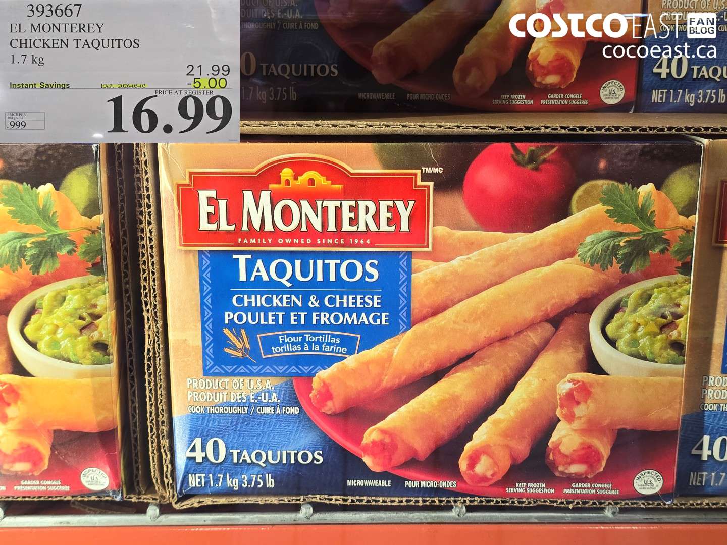 393667 EL MONTEREY CHICKEN TAQUITOS 1.7 KG ($5.00 INSTANT SAVINGS EXPIRES ON 2026-05-03) $16.99