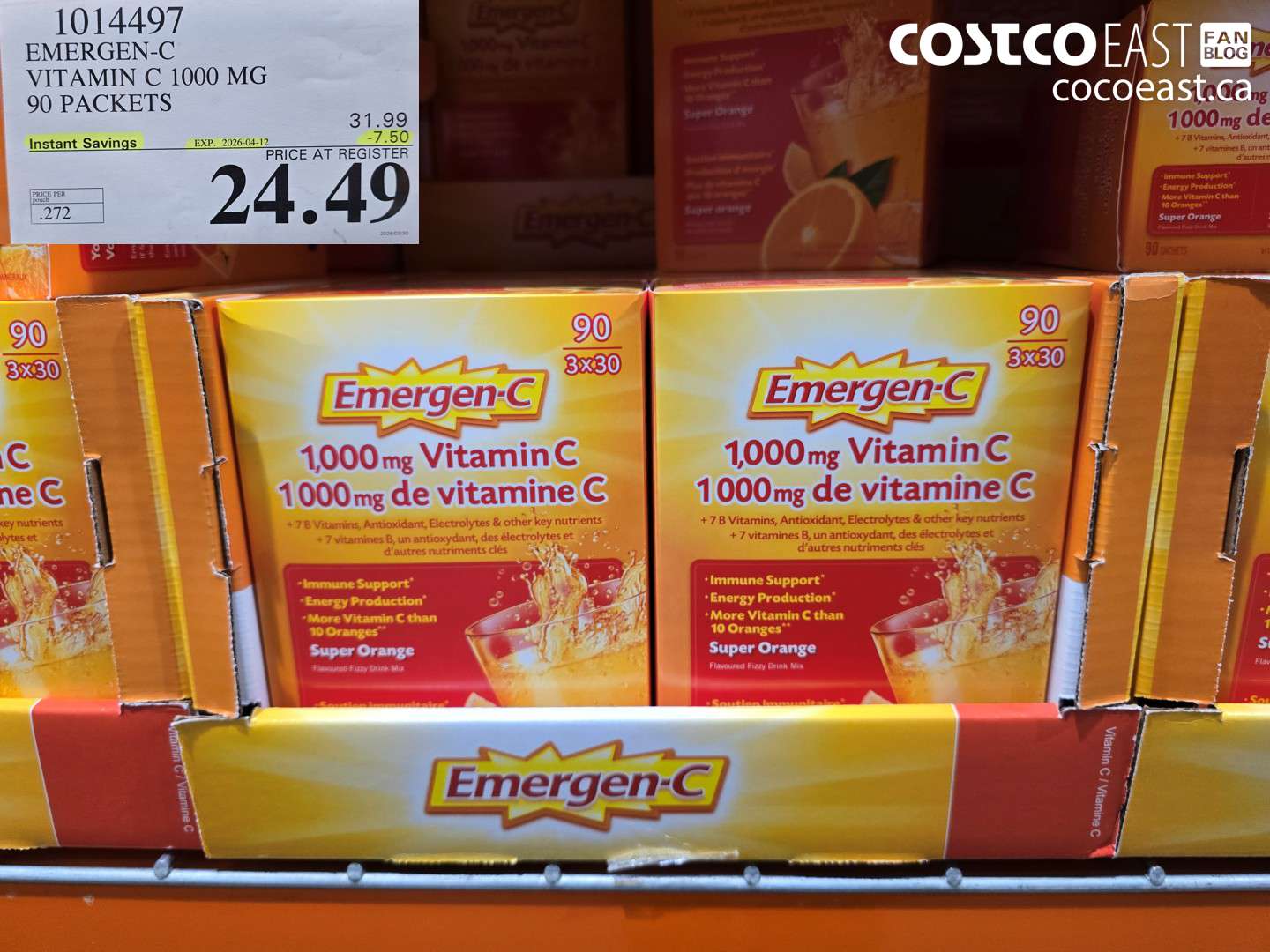 1014497 EMERGEN-C VITAMIN C 1000 MG 90 PACKETS ($7.50 INSTANT SAVINGS EXPIRES ON 2026-04-12) $24.49