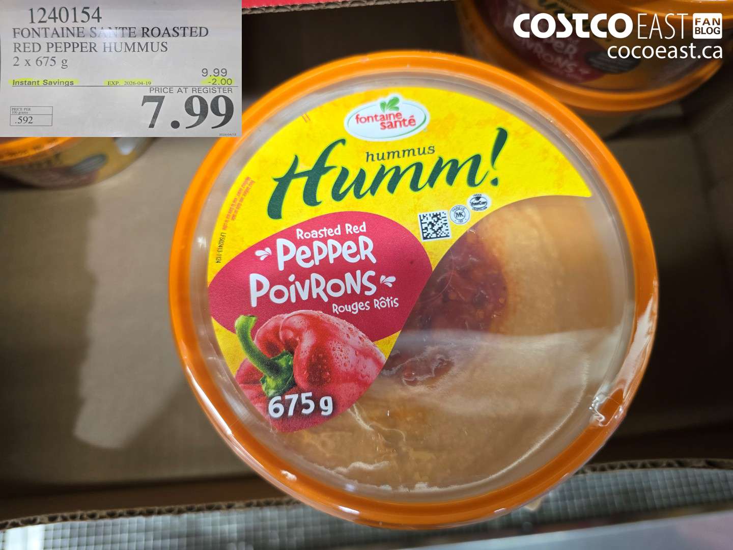 1240154 FONTAINE SANTE ROASTED RED PEPPER HUMMUS 2 X 675 G ($2.00 INSTANT SAVINGS EXPIRES ON 2026-04-19) $7.99