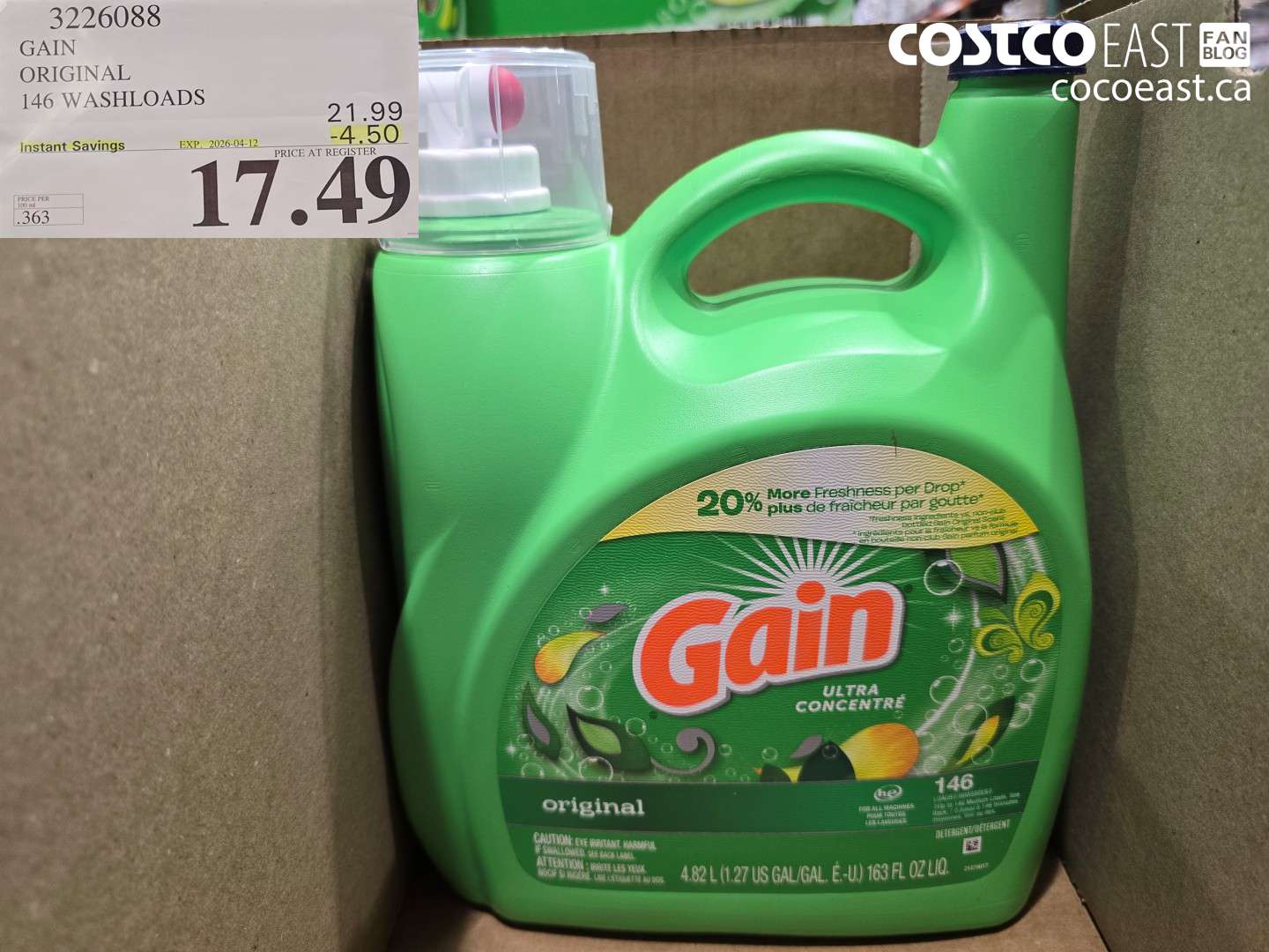 3226088 GAIN ORIGINAL 146 WASHLOADS ($4.50 INSTANT SAVINGS EXPIRES ON 2026-04-12) $17.49