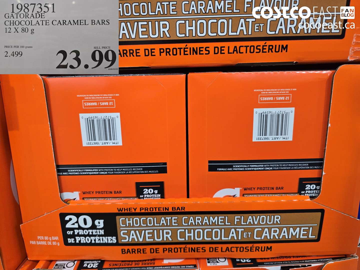 1987351 GATORADE CHOCOLATE CARAMEL BARS 12 X 80 G $23.99