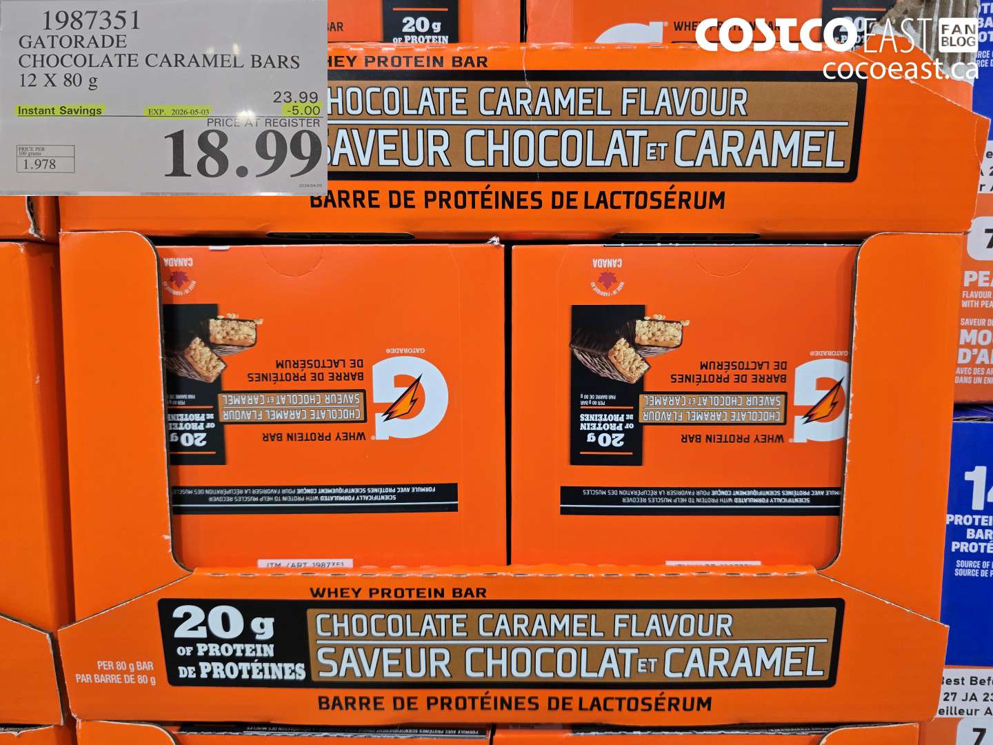 1987351 GATORADE CHOCOLATE CARAMEL BARS 12 X 80 G ($5.00 INSTANT SAVINGS EXPIRES ON 2026-05-03) $18.99