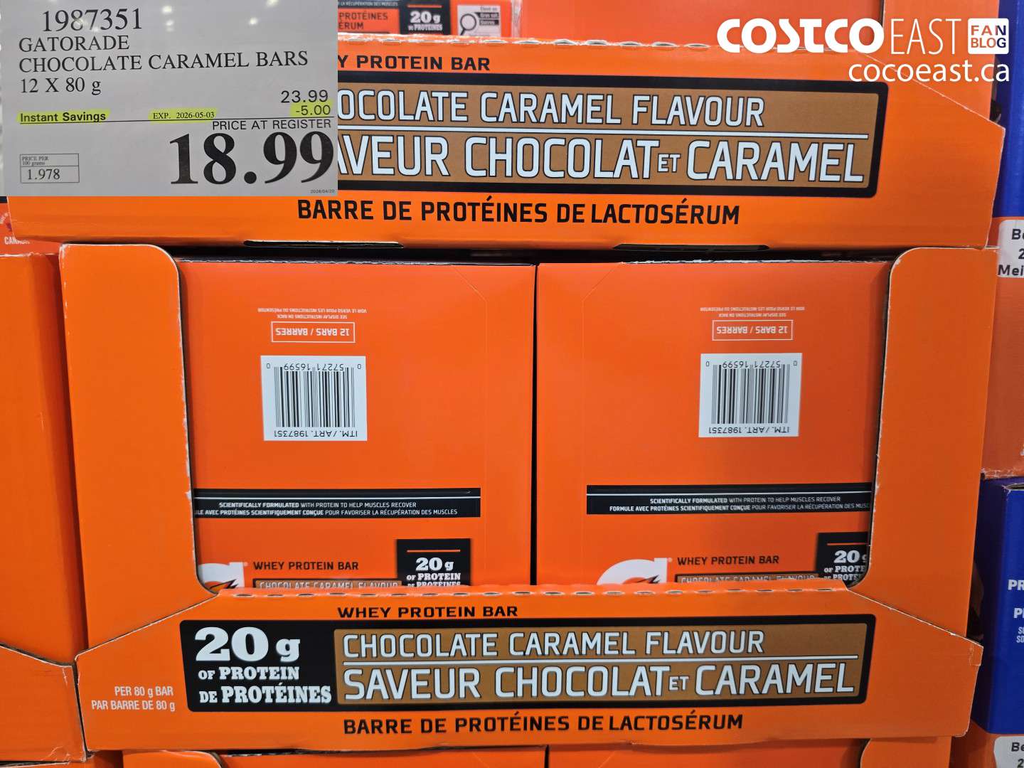 1987351 GATORADE CHOCOLATE CARAMEL BARS 12 X 80 G ($5.00 INSTANT SAVINGS EXPIRES ON 2026-05-03) $18.99