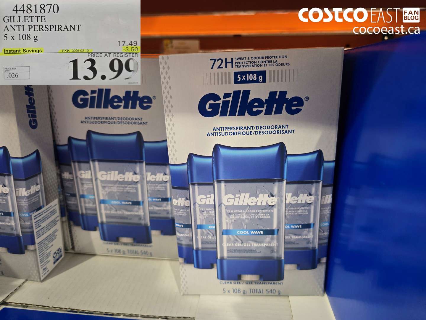 4481870 GILLETTE ANTI-PERSPIRANT 5 X 108 G ($3.50 INSTANT SAVINGS EXPIRES ON 2026-05-10) $13.90