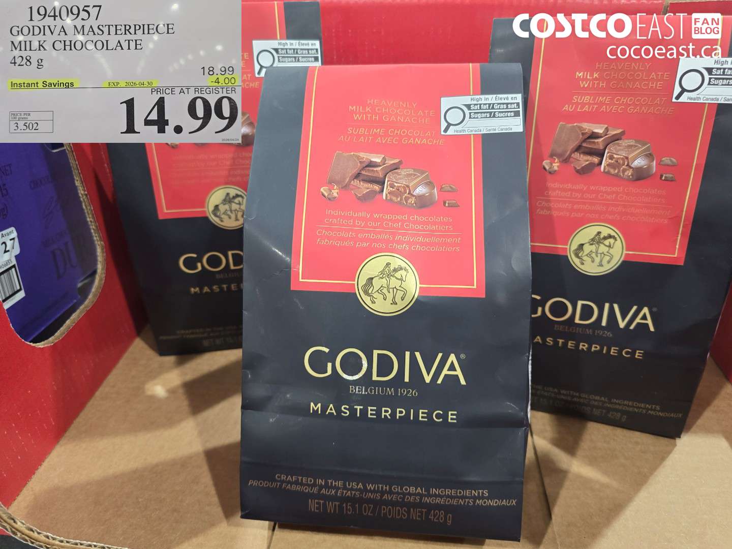 1940957 GODIVA MASTERPIECE MILK CHOCOLATE 428 G ($4.00 INSTANT SAVINGS EXPIRES ON 2026-04-30) $14.99