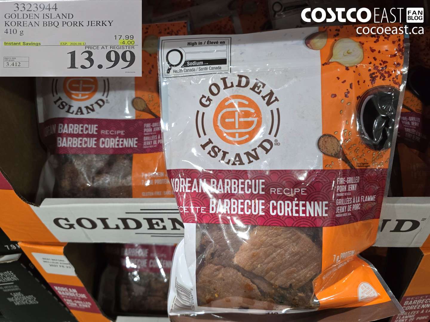 3323944 GOLDEN ISLAND KOREAN BBQ PORK JERKY 410 G ($4.00 INSTANT SAVINGS EXPIRES ON 2026-04-12) $13.99