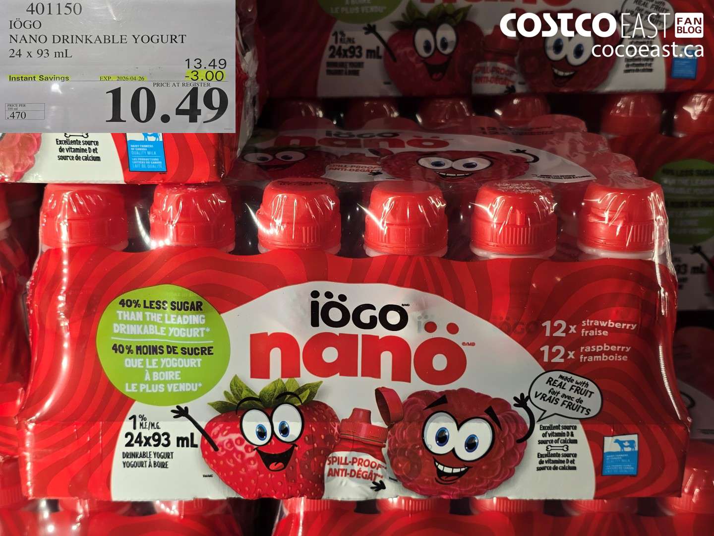 401150 IÖGO NANO DRINKABLE YOGURT 24 X 93 ML ($3.00 INSTANT SAVINGS EXPIRES ON 2026-04-26) $10.49