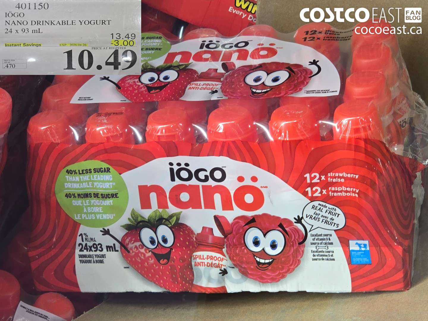 401150 IOGO NANO DRINKABLE YOGURT 24 X 93 ML ($3.00 INSTANT SAVINGS EXPIRES ON 2026-04-26) $10.49