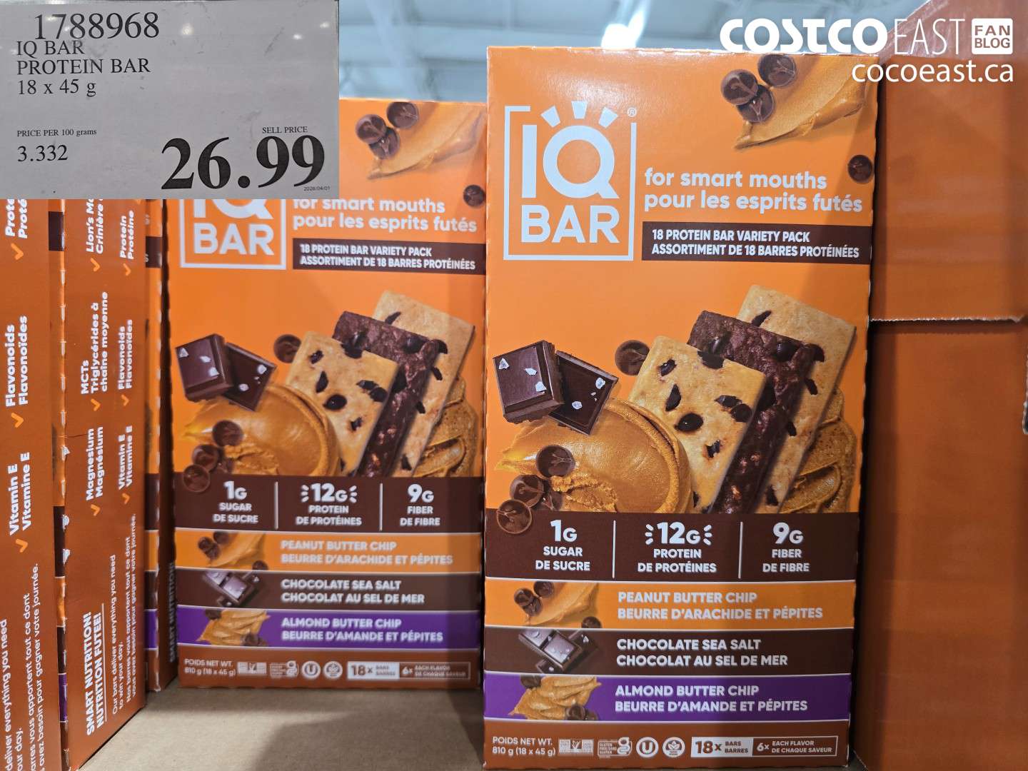 1788968 IQ BAR PROTEIN BAR 18 X 45 G $26.99