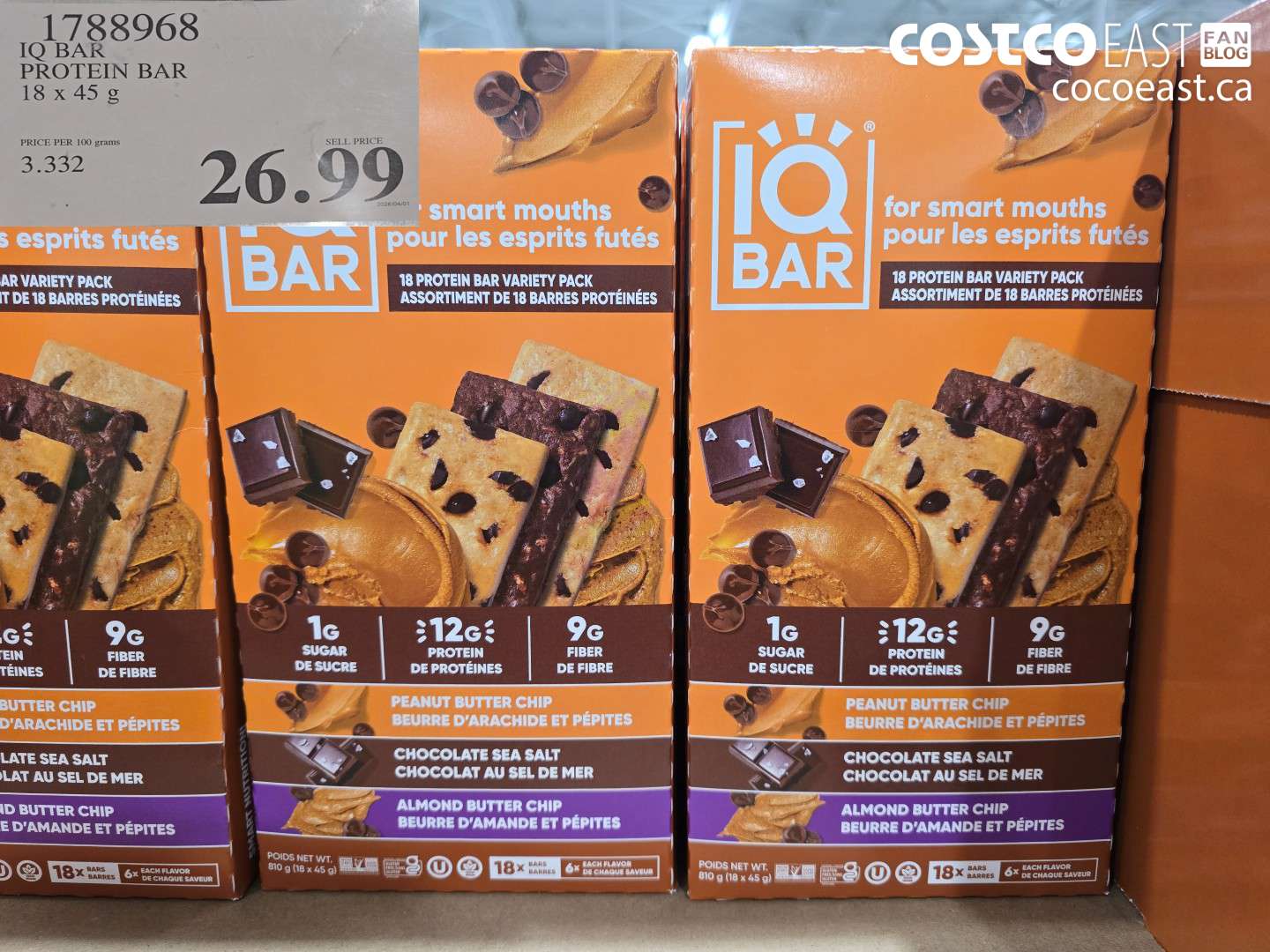 1788968 IQ BAR PROTEIN BAR 18 X 45 G $26.99