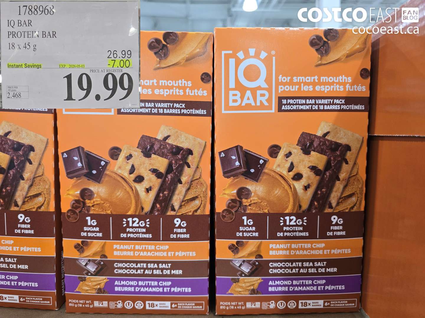 1788968 IQ BAR PROTEIN BAR 18 X 45 G ($7.00 INSTANT SAVINGS EXPIRES ON 2026-05-03) $19.99