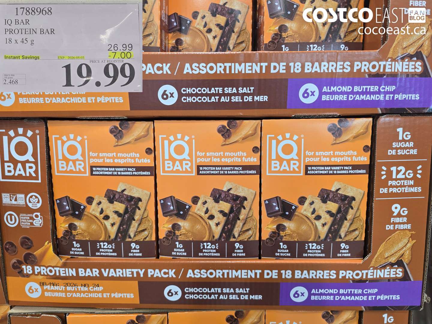 1788968 IQ BAR PROTEIN BAR 18 X 45 G ($7.00 INSTANT SAVINGS EXPIRES ON 2026-05-03) $19.99